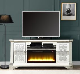 ACME Noralie TV STAND W/FIREPLACE Mirrored & Faux Diamonds LV00520