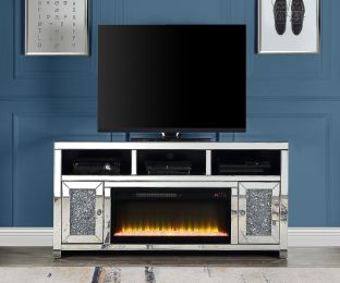 ACME Noralie TV STAND W/FIREPLACE Mirrored & Faux Diamonds LV00519