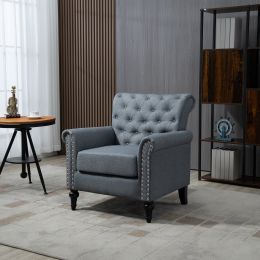 Mid-Century Modern Accent Chair; Linen Armchair w/Tufted Back/Wood Legs; Upholstered Lounge Arm Chair Single Sofa for Living Room Bedroom; Gray