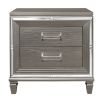 Elegant Style Silver-Gray Metallic Finish Nightstand Beveled Mirror Trim Dovetail Drawers Wooden Furniture