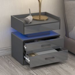 Nightstand with 2 Drawers; USB Charging Ports; Wireless Charging and Remote Control LED Light-Dark Gray