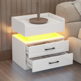 Nightstand with 2 Drawers; USB Charging Ports; Wireless Charging and Remote Control LED Light-White