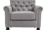 Mid-Century Modern Accent Chair; Linen Armchair w/Tufted Back/Wood Legs; Upholstered Lounge Arm Chair Single Sofa for Living Room Bedroom; Light grey