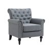 Mid-Century Modern Accent Chair; Linen Armchair w/Tufted Back/Wood Legs; Upholstered Lounge Arm Chair Single Sofa for Living Room Bedroom; Gray