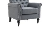Mid-Century Modern Accent Chair; Linen Armchair w/Tufted Back/Wood Legs; Upholstered Lounge Arm Chair Single Sofa for Living Room Bedroom; Gray