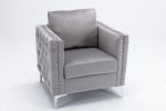 Modern Velvet Armchair Tufted Button Accent Chair Club Chair with Steel Legs for Living Room Bedroom; Grey