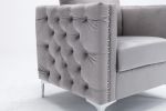 Modern Velvet Armchair Tufted Button Accent Chair Club Chair with Steel Legs for Living Room Bedroom; Grey