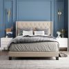Upholstered Platform Bed with Classic Headboard; Box Spring Needed; Beige Linen Fabric; Queen Size