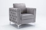 Modern Velvet Armchair Tufted Button Accent Chair Club Chair with Steel Legs for Living Room Bedroom; Grey