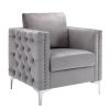 Modern Velvet Armchair Tufted Button Accent Chair Club Chair with Steel Legs for Living Room Bedroom; Grey