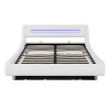 Queen Size Low Profile Upholstered Platform Bed with LED Headboard; White