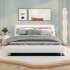 Queen Size Low Profile Upholstered Platform Bed with LED Headboard; White