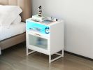 Nightstand with Wireless Charging Station / LED Lights / Drawer; White Bedside Table for Bedroom