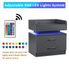 Nightstand with 2 Drawers; USB Charging Ports; Wireless Charging and Remote Control LED Light-Dark Gray