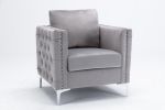 Modern Velvet Armchair Tufted Button Accent Chair Club Chair with Steel Legs for Living Room Bedroom; Grey