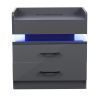 Nightstand with 2 Drawers; USB Charging Ports; Wireless Charging and Remote Control LED Light-Dark Gray