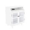 Nightstand with Storage Shelves and Cabinets for Living Room/Bedroom; Glass Door; USB Charging; White