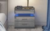 Nightstand with 2 Drawers; USB Charging Ports; Wireless Charging and Remote Control LED Light-Dark Gray