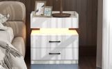 Nightstand with 2 Drawers; USB Charging Ports; Wireless Charging and Remote Control LED Light-White