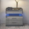 Nightstand with 2 Drawers; USB Charging Ports; Wireless Charging and Remote Control LED Light-Dark Gray