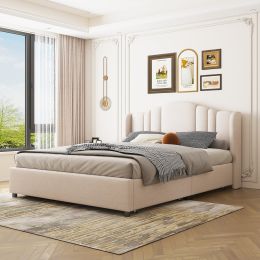 Upholstered Platform Bed with Wingback Headboard and 4 Drawers;  No Box Spring Needed;  Linen Fabric;  Queen Size (Color: Beige)