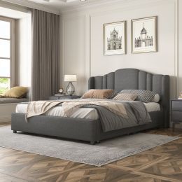 Upholstered Platform Bed with Wingback Headboard and 4 Drawers;  No Box Spring Needed;  Linen Fabric;  Queen Size (Color: Gray)
