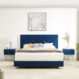 B109 Queen bed .Beautiful brass studs adorn the headboard; strong wooden slats + metal legs with Electroplate (Color: as Pic)