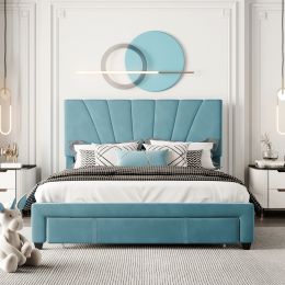 Queen Size Storage Bed Velvet Upholstered Platform Bed with a Big Drawer (Color: Blue)