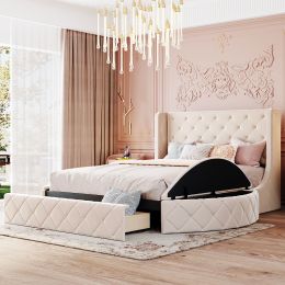 Upholstered Platform Bed Queen Size Storage Velvet Bed with Wingback Headboard and 1 Big Drawer; 2 Side Storage Stool (Color: Beige)