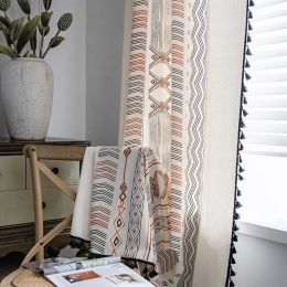 Boho Cream Cotton And Linen Print Sun Shade Non-punched Curtain Fabric (Option: Perforated fringed curtains-W150xH300CM)
