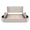 Upholstered Platform Bed Queen Size Storage Velvet Bed with Wingback Headboard and 1 Big Drawer; 2 Side Storage Stool