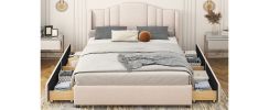 Upholstered Platform Bed with Wingback Headboard and 4 Drawers;  No Box Spring Needed;  Linen Fabric;  Queen Size
