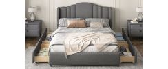 Upholstered Platform Bed with Wingback Headboard and 4 Drawers;  No Box Spring Needed;  Linen Fabric;  Queen Size