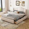 Upholstered Platform Bed with Wingback Headboard and 4 Drawers;  No Box Spring Needed;  Linen Fabric;  Queen Size