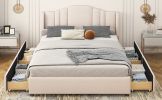 Upholstered Platform Bed with Wingback Headboard and 4 Drawers;  No Box Spring Needed;  Linen Fabric;  Queen Size