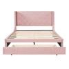 Queen Size Storage Bed Velvet Upholstered Platform Bed with Wingback Headboard and a Big Drawer