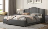Upholstered Platform Bed with Wingback Headboard and 4 Drawers;  No Box Spring Needed;  Linen Fabric;  Queen Size
