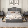 Upholstered Platform Bed with Wingback Headboard and 4 Drawers;  No Box Spring Needed;  Linen Fabric;  Queen Size