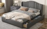 Upholstered Platform Bed with Wingback Headboard and 4 Drawers;  No Box Spring Needed;  Linen Fabric;  Queen Size